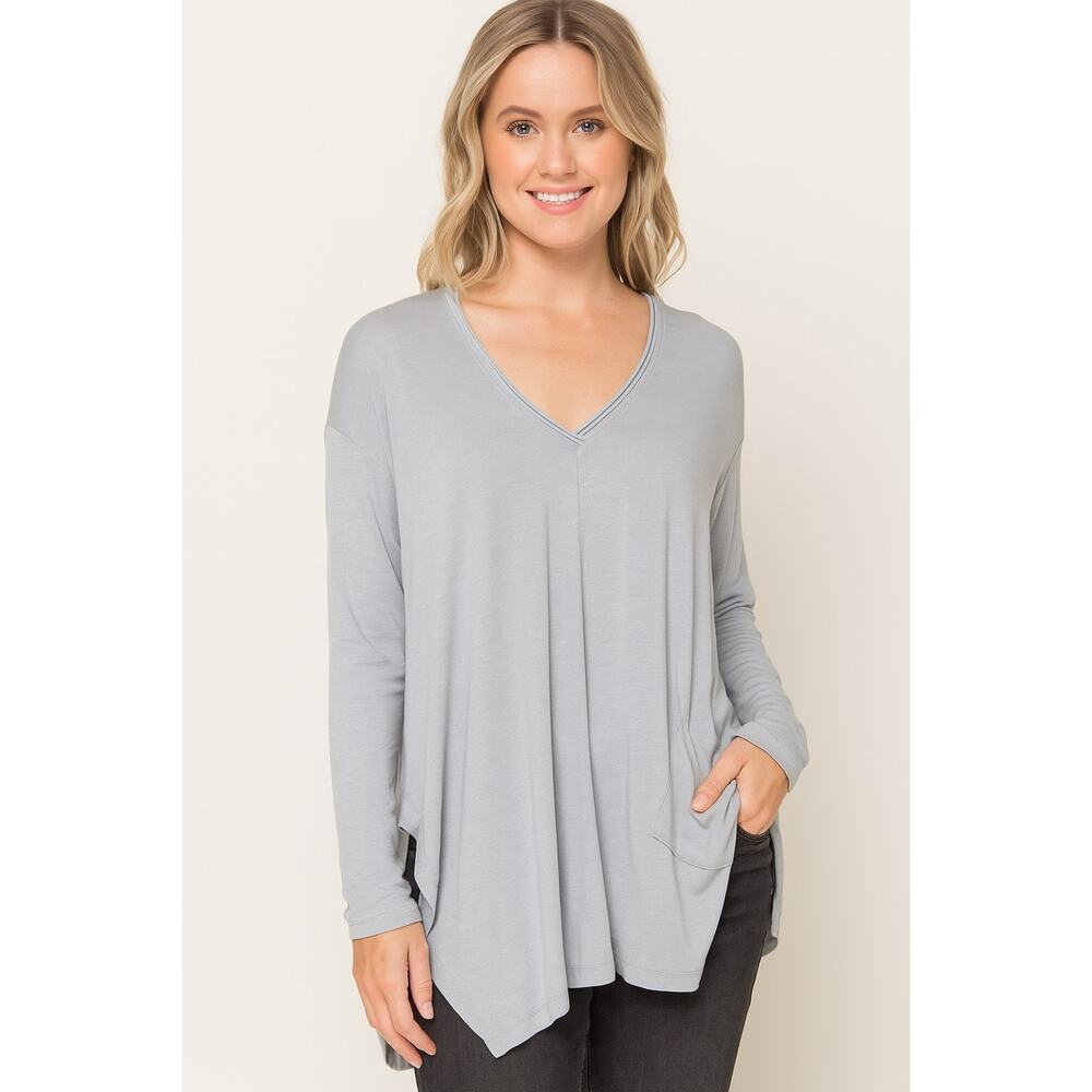 Wrap London V Neck Grey Top Long Sleeve Shirt Pocket Casual SIZE 6 Tencel Linen